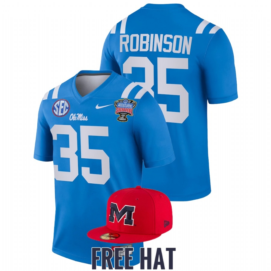 Ole Miss Rebels Men's NCAA Mark Robinson #35 Blue Sugar Bowl Free Hat 2022 College Football Jersey ORV8649PE